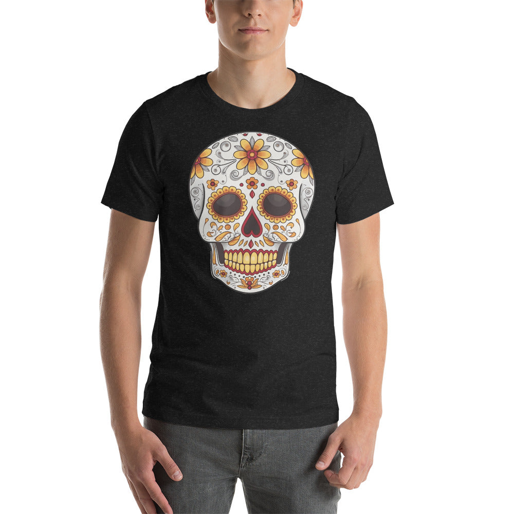Day of the Dead Skull with Orange and Marigold Flowers Unisex T-shirt