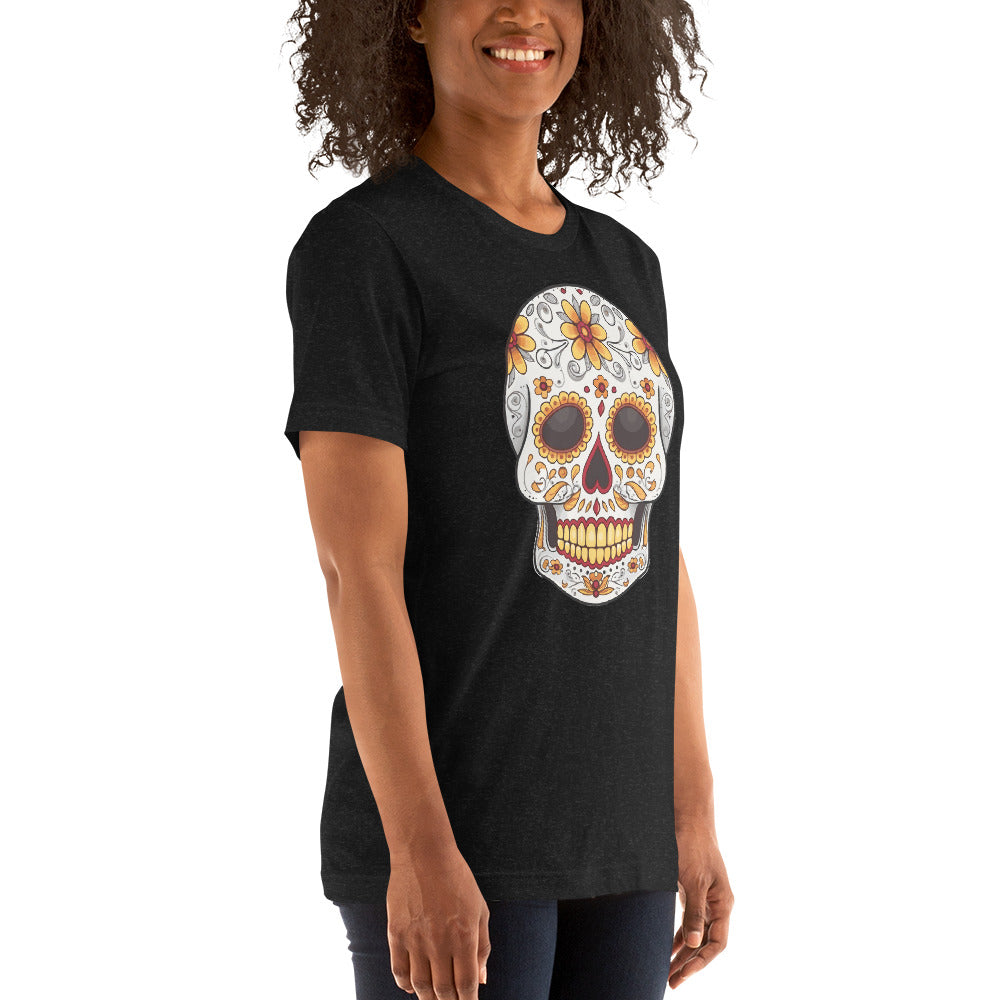 Day of the Dead Skull with Orange and Marigold Flowers Unisex T-shirt