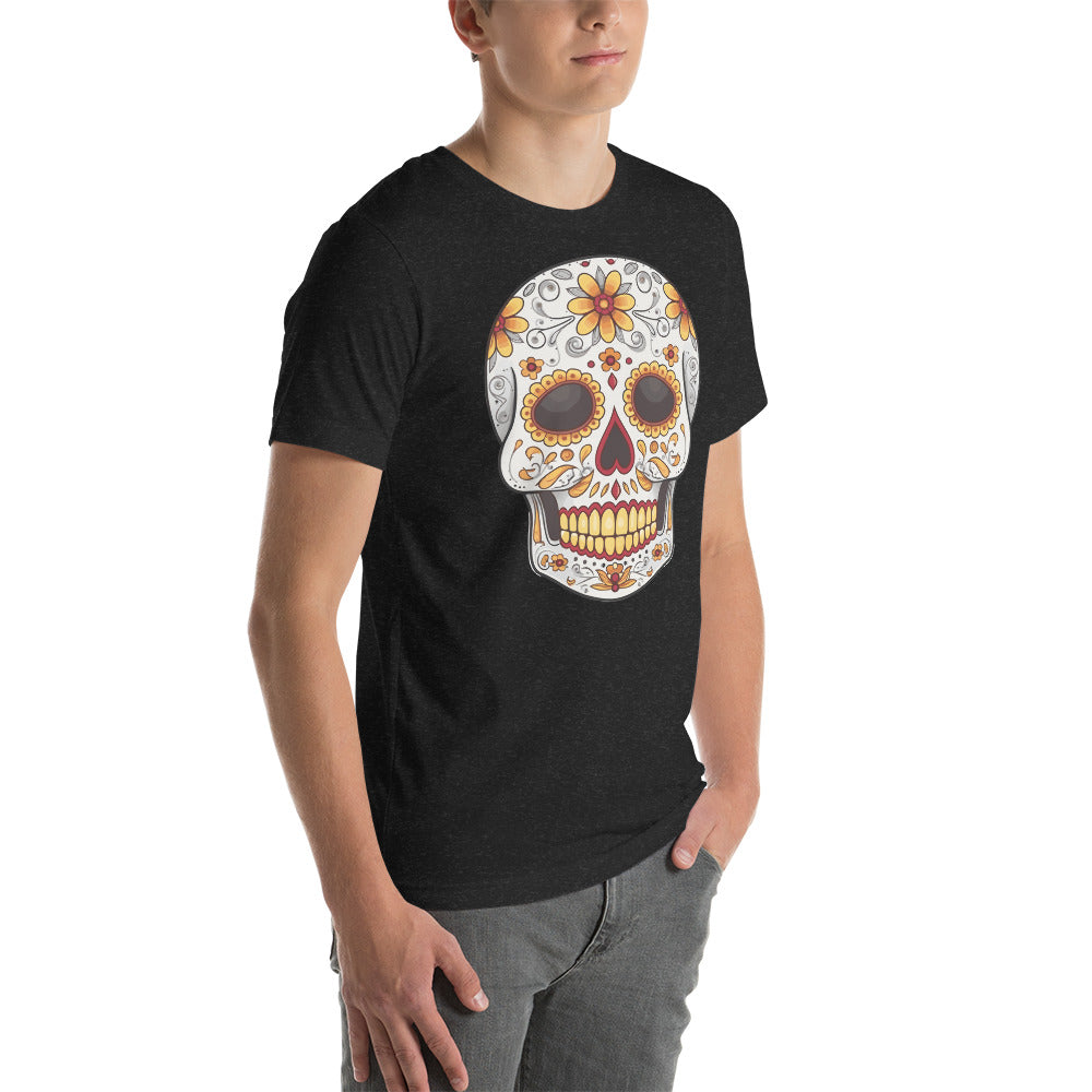 Day of the Dead Skull with Orange and Marigold Flowers Unisex T-shirt
